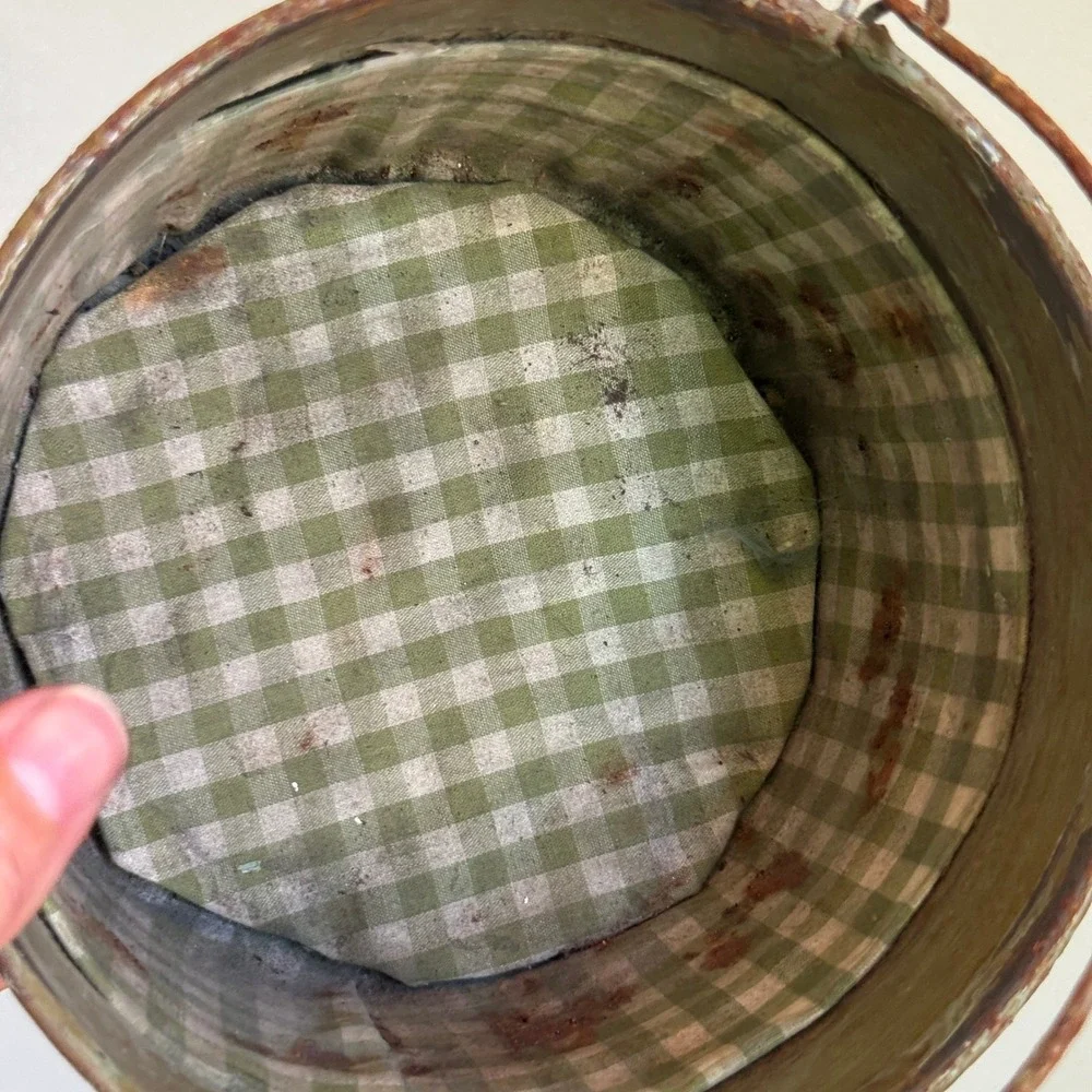 Vintage Primitive Metal Bucket Floral Tin Gingham Lined Rustic Farmhouse Decor